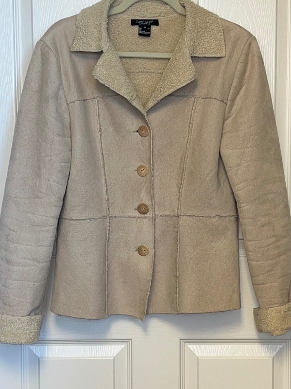 Karen Kane Lifestyle Faux Suede Shearling Jacket Beige M